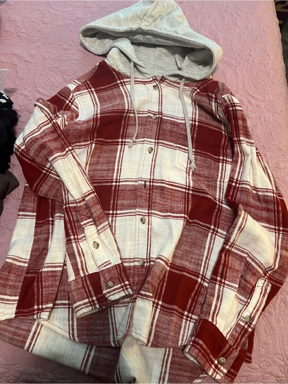Red and White Plaid Hooded Flannel Shirt NWT